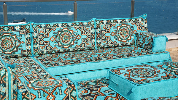 Hellblaue Boden-Sitzgarnitur, L-förmiges arabisches Sofa-Set, Orientalische Bodenbestuhlung, Bodenkissen, Ecksofa