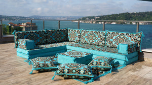 Hellblaue Boden-Sitzgarnitur, L-förmiges arabisches Sofa-Set, Orientalische Bodenbestuhlung, Bodenkissen, Ecksofa
