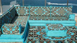 Hellblaue Boden-Sitzgarnitur, L-förmiges arabisches Sofa-Set, Orientalische Bodenbestuhlung, Bodenkissen, Ecksofa
