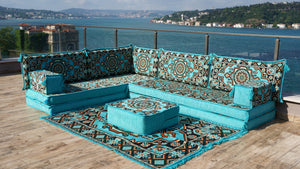Hellblaue Boden-Sitzgarnitur, L-förmiges arabisches Sofa-Set, Orientalische Bodenbestuhlung, Bodenkissen, Ecksofa
