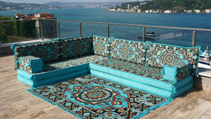 Hellblaue Boden-Sitzgarnitur, L-förmiges arabisches Sofa-Set, Orientalische Bodenbestuhlung, Bodenkissen, Ecksofa