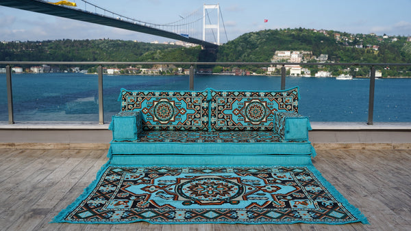 أريكة أرضية عربية، طقم أريكة أرضية تقليدية، أرائك مقسمة، طقم أريكة أرضية عربية، أريكة يوجا مع أريكة عثمانية وسجادة