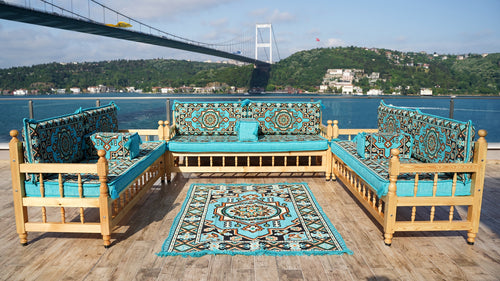 U Shape Bohemian Furniture, Arabic Sofa, Yemeni Majlis, Patio Furniture, Wooden Bench Sofa Sets, Arabic Sofa Seating, Majlis Set, Outdoor Furniture, Patio Benches
