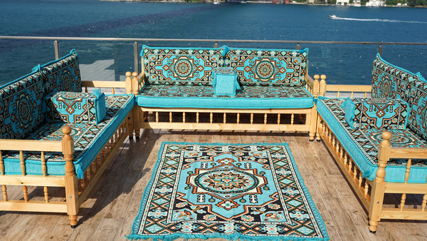 U Shape Bohemian Furniture, Arabic Sofa, Yemeni Majlis, Patio Furniture, Wooden Bench Sofa Sets, Arabic Sofa Seating, Majlis Set, Outdoor Furniture, Patio Benches