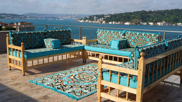 U Shape Bohemian Furniture, Arabic Sofa, Yemeni Majlis, Patio Furniture, Wooden Bench Sofa Sets, Arabic Sofa Seating, Majlis Set, Outdoor Furniture, Patio Benches