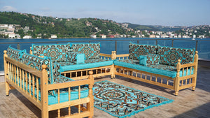 U Shape Bohemian Furniture, Arabic Sofa, Yemeni Majlis, Patio Furniture, Wooden Bench Sofa Sets, Arabic Sofa Seating, Majlis Set, Outdoor Furniture, Patio Benches