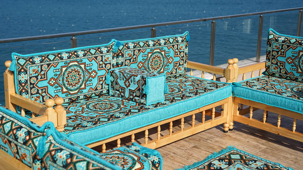 U Shape Bohemian Furniture, Arabic Sofa, Yemeni Majlis, Patio Furniture, Wooden Bench Sofa Sets, Arabic Sofa Seating, Majlis Set, Outdoor Furniture, Patio Benches