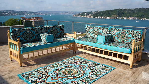 U Shape Bohemian Furniture, Arabic Sofa, Yemeni Majlis, Patio Furniture, Wooden Bench Sofa Sets, Arabic Sofa Seating, Majlis Set, Outdoor Furniture, Patio Benches