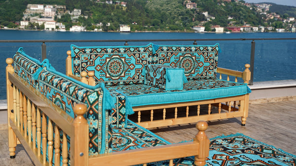 U Shape Bohemian Furniture, Arabic Sofa, Yemeni Majlis, Patio Furniture, Wooden Bench Sofa Sets, Arabic Sofa Seating, Majlis Set, Outdoor Furniture, Patio Benches