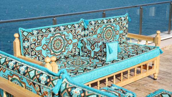 U Shape Bohemian Furniture, Arabic Sofa, Yemeni Majlis, Patio Furniture, Wooden Bench Sofa Sets, Arabic Sofa Seating, Majlis Set, Outdoor Furniture, Patio Benches