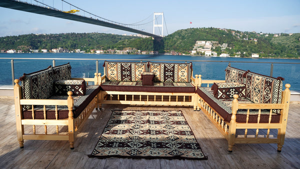 Brown Outdoor Furniture, Yemeni Majlis, Wooden Bench Sofa Sets, Arabic Seating Jalsah, Traditional Wooden Bench, Garden Sofa Set, Bench Pillows, Corner Sofa Seating Set