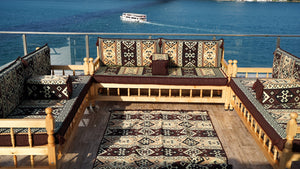 Brown Outdoor Furniture, Yemeni Majlis, Wooden Bench Sofa Sets, Arabic Seating Jalsah, Traditional Wooden Bench, Garden Sofa Set, Bench Pillows, Corner Sofa Seating Set