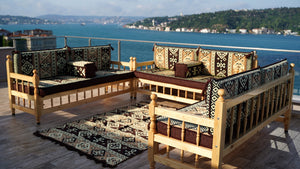 Brown Outdoor Furniture, Yemeni Majlis, Wooden Bench Sofa Sets, Arabic Seating Jalsah, Traditional Wooden Bench, Garden Sofa Set, Bench Pillows, Corner Sofa Seating Set