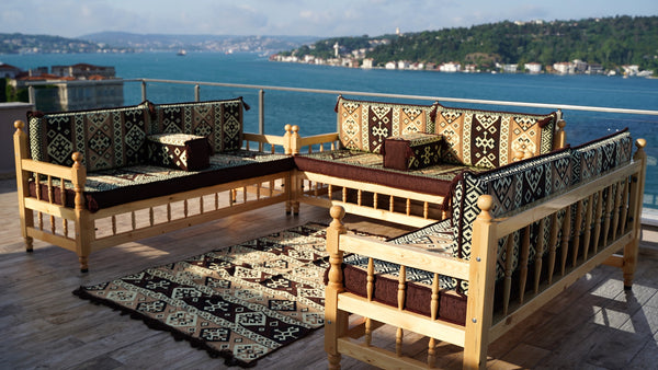 Brown Outdoor Furniture, Yemeni Majlis, Wooden Bench Sofa Sets, Arabic Seating Jalsah, Traditional Wooden Bench, Garden Sofa Set, Bench Pillows, Corner Sofa Seating Set