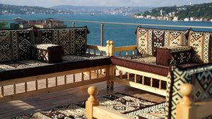 Brown Outdoor Furniture, Yemeni Majlis, Wooden Bench Sofa Sets, Arabic Seating Jalsah, Traditional Wooden Bench, Garden Sofa Set, Bench Pillows, Corner Sofa Seating Set