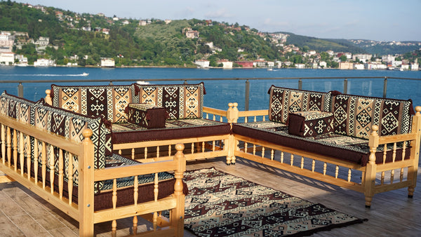 Brown Outdoor Furniture, Yemeni Majlis, Wooden Bench Sofa Sets, Arabic Seating Jalsah, Traditional Wooden Bench, Garden Sofa Set, Bench Pillows, Corner Sofa Seating Set
