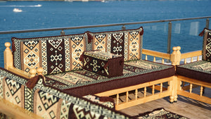Brown Outdoor Furniture, Yemeni Majlis, Wooden Bench Sofa Sets, Arabic Seating Jalsah, Traditional Wooden Bench, Garden Sofa Set, Bench Pillows, Corner Sofa Seating Set