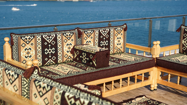Brown Outdoor Furniture, Yemeni Majlis, Wooden Bench Sofa Sets, Arabic Seating Jalsah, Traditional Wooden Bench, Garden Sofa Set, Bench Pillows, Corner Sofa Seating Set