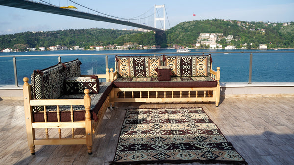 Brown Outdoor Furniture, Yemeni Majlis, Wooden Bench Sofa Sets, Arabic Seating Jalsah, Traditional Wooden Bench, Garden Sofa Set, Bench Pillows, Corner Sofa Seating Set