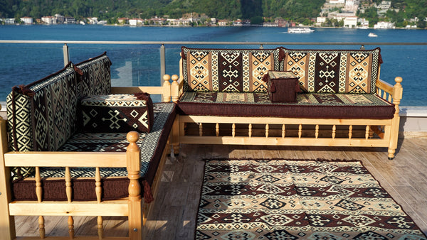 Brown Outdoor Furniture, Yemeni Majlis, Wooden Bench Sofa Sets, Arabic Seating Jalsah, Traditional Wooden Bench, Garden Sofa Set, Bench Pillows, Corner Sofa Seating Set