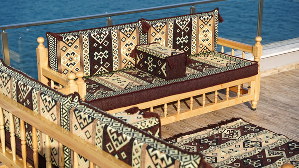 Brown Outdoor Furniture, Yemeni Majlis, Wooden Bench Sofa Sets, Arabic Seating Jalsah, Traditional Wooden Bench, Garden Sofa Set, Bench Pillows, Corner Sofa Seating Set