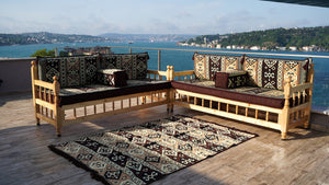 Brown Outdoor Furniture, Yemeni Majlis, Wooden Bench Sofa Sets, Arabic Seating Jalsah, Traditional Wooden Bench, Garden Sofa Set, Bench Pillows, Corner Sofa Seating Set
