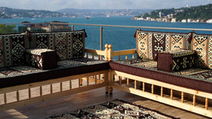 Brown Outdoor Furniture, Yemeni Majlis, Wooden Bench Sofa Sets, Arabic Seating Jalsah, Traditional Wooden Bench, Garden Sofa Set, Bench Pillows, Corner Sofa Seating Set