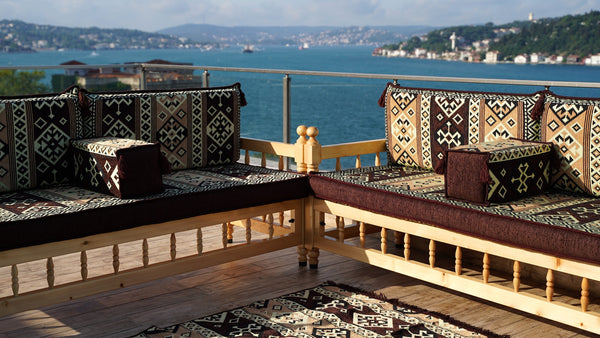 Brown Outdoor Furniture, Yemeni Majlis, Wooden Bench Sofa Sets, Arabic Seating Jalsah, Traditional Wooden Bench, Garden Sofa Set, Bench Pillows, Corner Sofa Seating Set