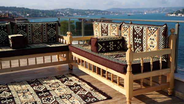 Brown Outdoor Furniture, Yemeni Majlis, Wooden Bench Sofa Sets, Arabic Seating Jalsah, Traditional Wooden Bench, Garden Sofa Set, Bench Pillows, Corner Sofa Seating Set