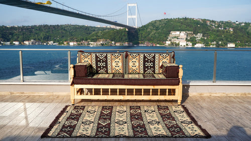 Brown Outdoor Furniture, Yemeni Majlis, Wooden Bench Sofa Sets, Arabic Seating Jalsah, Traditional Wooden Bench, Garden Sofa Set, Bench Pillows, Corner Sofa Seating Set