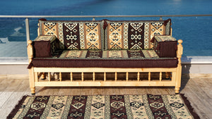 Brown Outdoor Furniture, Yemeni Majlis, Wooden Bench Sofa Sets, Arabic Seating Jalsah, Traditional Wooden Bench, Garden Sofa Set, Bench Pillows, Corner Sofa Seating Set