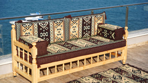 Brown Outdoor Furniture, Yemeni Majlis, Wooden Bench Sofa Sets, Arabic Seating Jalsah, Traditional Wooden Bench, Garden Sofa Set, Bench Pillows, Corner Sofa Seating Set