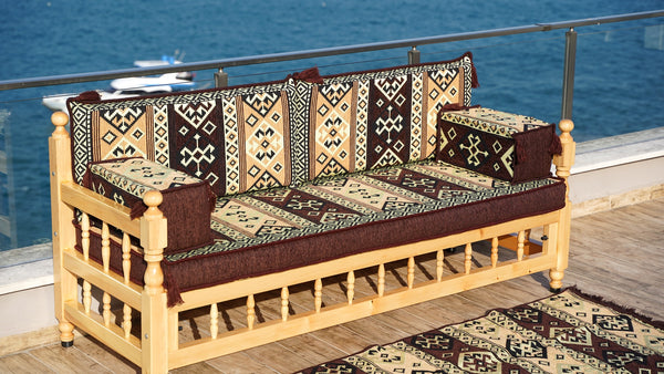 Brown Outdoor Furniture, Yemeni Majlis, Wooden Bench Sofa Sets, Arabic Seating Jalsah, Traditional Wooden Bench, Garden Sofa Set, Bench Pillows, Corner Sofa Seating Set