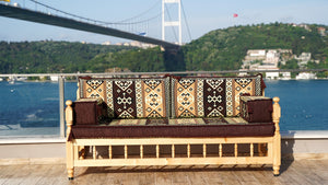 Brown Outdoor Furniture, Yemeni Majlis, Wooden Bench Sofa Sets, Arabic Seating Jalsah, Traditional Wooden Bench, Garden Sofa Set, Bench Pillows, Corner Sofa Seating Set