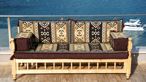 Brown Outdoor Furniture, Yemeni Majlis, Wooden Bench Sofa Sets, Arabic Seating Jalsah, Traditional Wooden Bench, Garden Sofa Set, Bench Pillows, Corner Sofa Seating Set