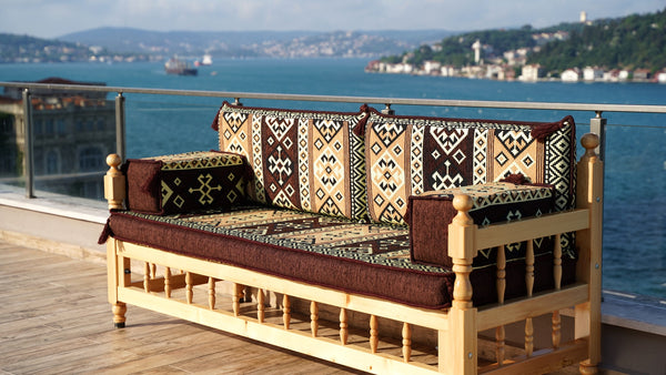 Brown Outdoor Furniture, Yemeni Majlis, Wooden Bench Sofa Sets, Arabic Seating Jalsah, Traditional Wooden Bench, Garden Sofa Set, Bench Pillows, Corner Sofa Seating Set