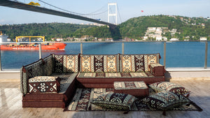 Brown Dunya Harmony pattern L-shaped corner Arabic floor sofa set, photo 10 of 16