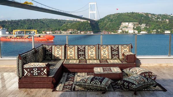 Brown Dunya Harmony pattern L-shaped corner Arabic floor sofa set, photo 10 of 16