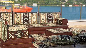 Brown Dunya Harmony pattern L-shaped corner Arabic floor sofa set, photo 11 of 16