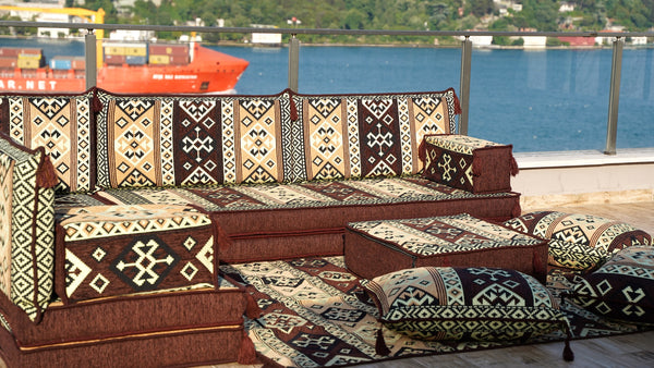 Brown Dunya Harmony pattern L-shaped corner Arabic floor sofa set, photo 11 of 16