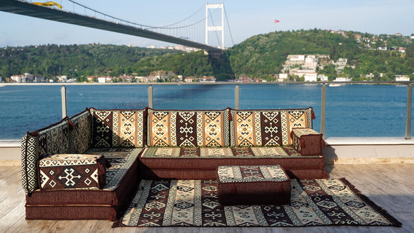 Brown Dunya Harmony pattern L-shaped corner Arabic floor sofa set, photo 12 of 16