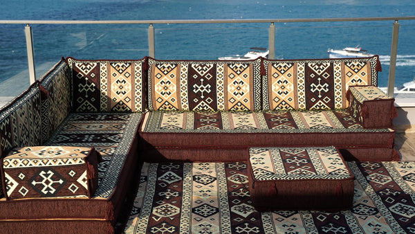 Brown Dunya Harmony pattern L-shaped corner Arabic floor sofa set, photo 13 of 16