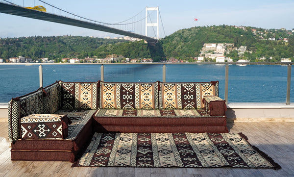 Brown Dunya Harmony pattern L-shaped corner Arabic floor sofa set, photo 14 of 16