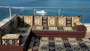Brown Dunya Harmony pattern L-shaped corner Arabic floor sofa set, photo 15 of 16
