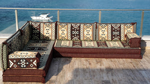 Brown Dunya Harmony pattern L-shaped corner Arabic floor sofa set, photo 17 of 17