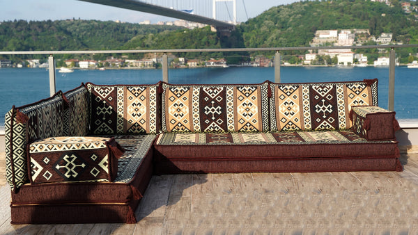 Brown Dunya Harmony pattern L-shaped corner Arabic floor sofa set, photo 16 of 16