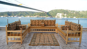 Gold Wooden Bench Sofa Sets, Yemeni Majlis, Bohemian Furniture, Outdoor Bench, Floor Cushions Set, Turkish Rug As Gift, Bench Pillow, Outdoor Furniture, Corner Sofa Set