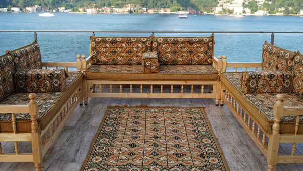 Gold Wooden Bench Sofa Sets, Yemeni Majlis, Bohemian Furniture, Outdoor Bench, Floor Cushions Set, Turkish Rug As Gift, Bench Pillow, Outdoor Furniture, Corner Sofa Set