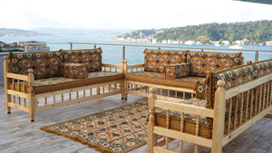 Gold Wooden Bench Sofa Sets, Yemeni Majlis, Bohemian Furniture, Outdoor Bench, Floor Cushions Set, Turkish Rug As Gift, Bench Pillow, Outdoor Furniture, Corner Sofa Set