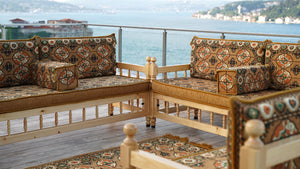 Gold Wooden Bench Sofa Sets, Yemeni Majlis, Bohemian Furniture, Outdoor Bench, Floor Cushions Set, Turkish Rug As Gift, Bench Pillow, Outdoor Furniture, Corner Sofa Set